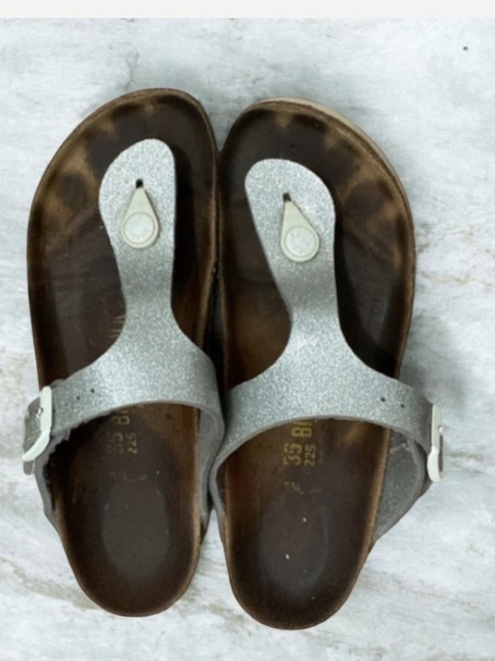 Birkenstock Gizeh Girl Kid Silver Glitter Thong Sandals Size 35